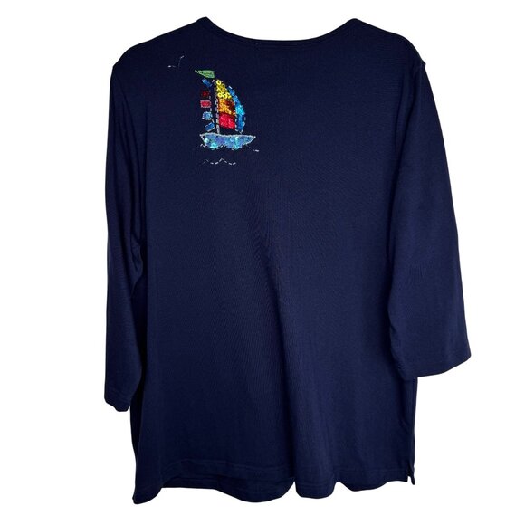 Quacker Factory Womens XL Sailboat Nautical Sequin Embellished 3/4 Sleeve Top - Picture 5 of 6